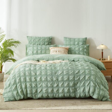(Light green, Single:135*200cm/53*78.7in) Breathable Single Color Full-Polyester Seersucker Sheet Set, All-Season Use, Zipper Closure, Comfortable Bedding for Home Decor