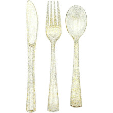 180PCS Gold Plastic Silverware Set, Disposable Glitter Gold Cutlery, Flatware Set, 60 Forks, 60 Spoons, 60 Gold Knives