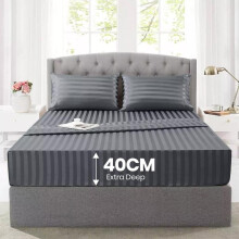 (GREY, Double ) Stripe Fitted Sheet 40cm Extra Deep Pocket – Soft Microfiber Stripe Fitted Sheet Only, Snug Fit for Thick Mattresses. Available in Single,