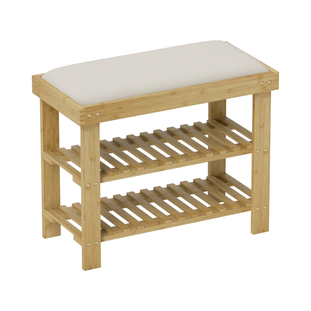Bamboo Shoe Storage Bench with Seat Cushion 3-Tier Shoe Rack for Entryway Hallway Living Room Bedroom Cream White-image-OPC-PKDWHB7-NEW
