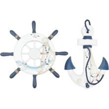 2 Pack 32cm Wooden Boat Wheel And Wooden Anchor with Rope Boat Nautical Steering Rudder Wall Decor Door Hanging Ornament
