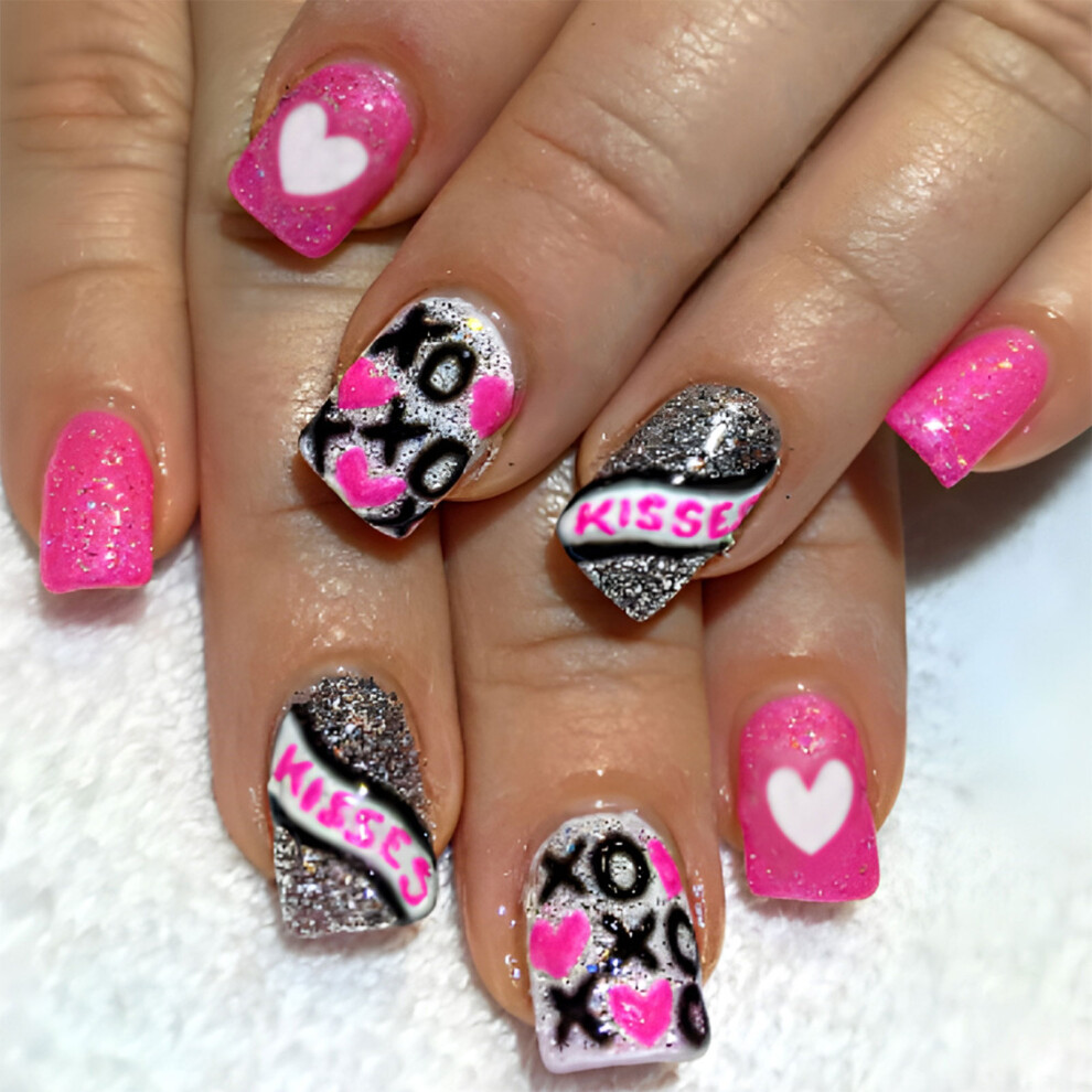 24x Heart Acrylic Nail Glittering Press On Nail Valentines Day