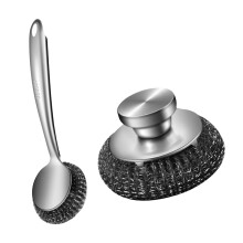 Steel Wool Scrubber Dish Brush with Handle, Deep Cleaning Metal