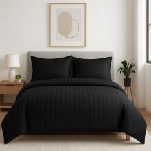 (BLACK, KING) Luxury Soft Satin Stripe Duvet Cover Bedding Set in Microfiber Hypoallergenic Breathable Hotel Quality Available in Single Double King Super