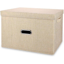 Linen Fabric Collapsible Storage Bins with Removable Lids and Handles, Washable Storage Box Containers Baskets Cube with Cover(Khaki, Medium)