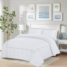 (White Grey, Double) Luxury Microfiber Duvet Cover Set – Embroidered Bratta Stitch Bedding with Pillowcases – Hotel Quality, Soft, Breathable & Machine Washable
