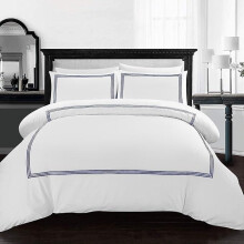 (white Navy, Double) Luxury Microfiber Duvet Cover Set – Embroidered Bratta Stitch Bedding with Pillowcases – Hotel Quality, Soft, Breathable & Machine Washable