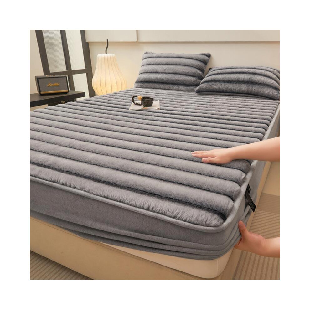 (Dark Gray, UK-Single(90*190cm)) Faux Rabbit Fur Striped Fitted Sheet 3-Piece Set â Luxurious, Soft & Warm Solid Color Bedding, Premium Set (Include-image-OPC-PKDWVPB-NEW