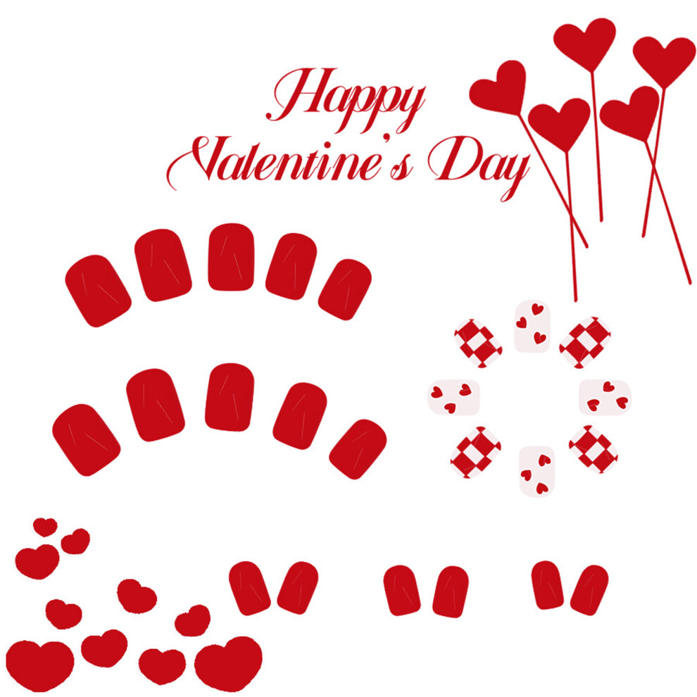 24 Pcs Valentines Day False Nail Heart Artificial Nail Glossy