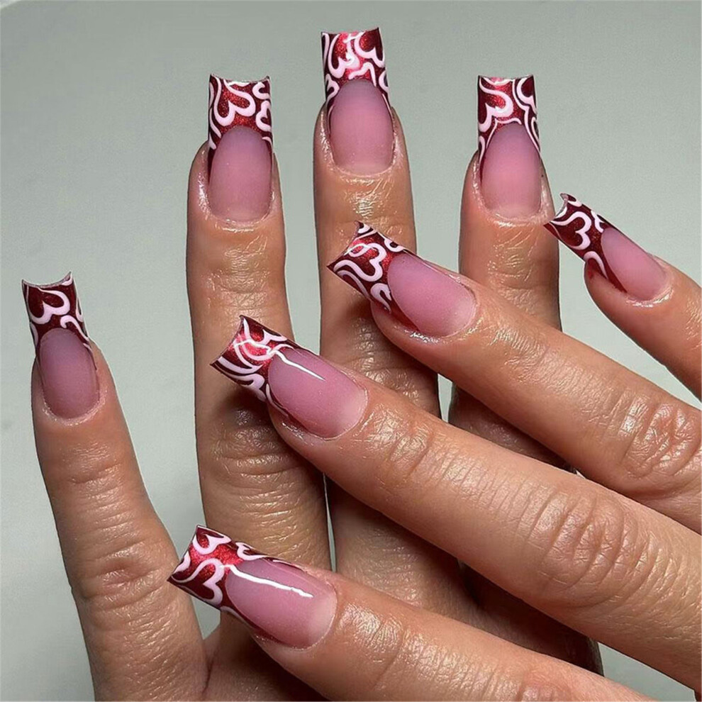 24x Heart Artificial Nail Valentines Day False Nail French Tip