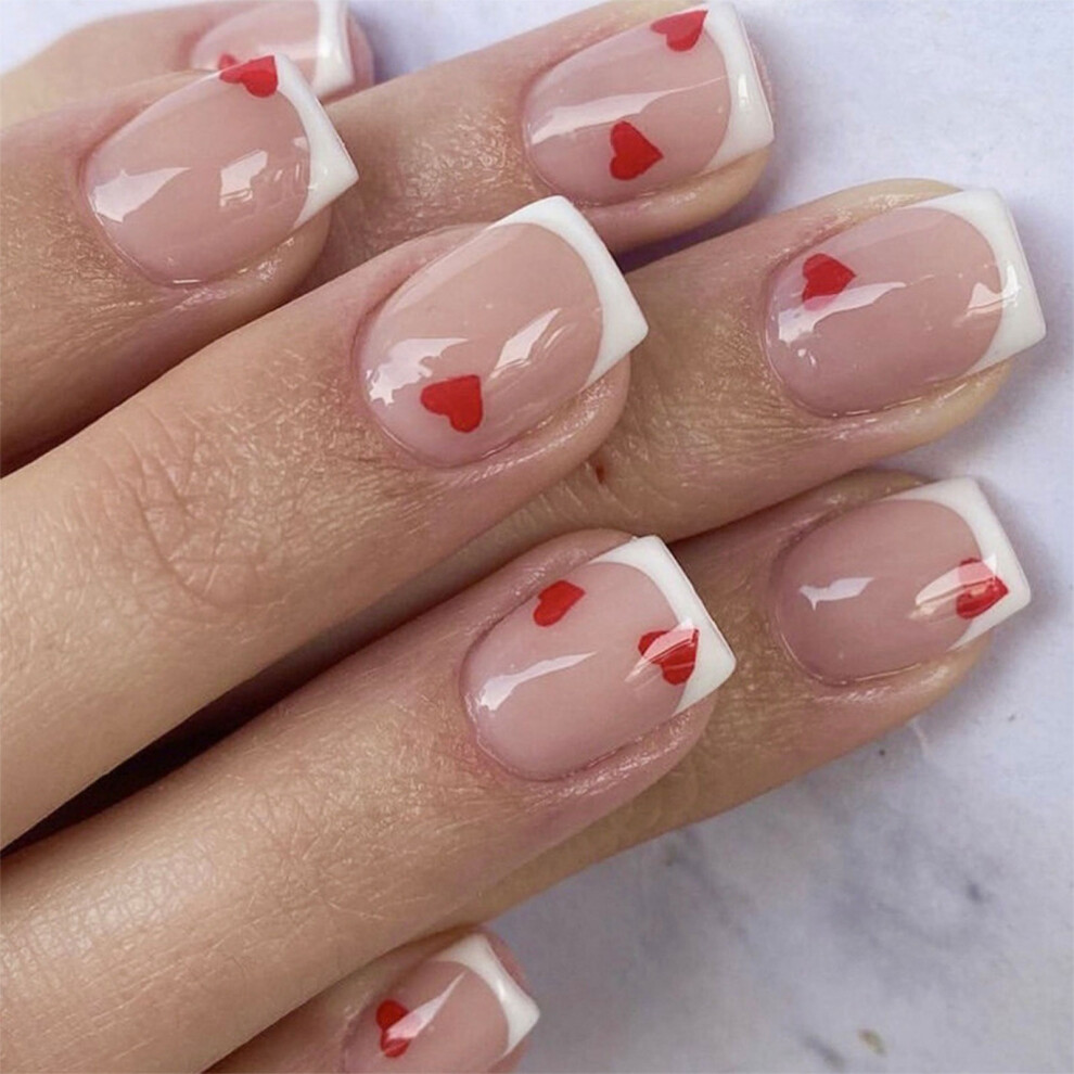 White 24X French Tip Acrylic Nail Heart Press On Nail Valentines Day