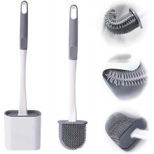 Silicon Toilet Brush ,With No-Slip Long Plastic Handle And Holder Breathable Drip Tray , Bendable Brush Deep Cleaning Toilet All Areas Inside