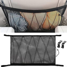 Car storage net 90cm x 65cm, multifunctional organizer with zipper, with 2 car seat hooks, campervan storage net