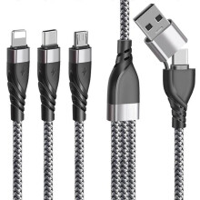 Multi USB Cable, 5 in 1 Multi USB A/C Charger Nylon Braided Data Cable with iP Micro USB Type C Connector