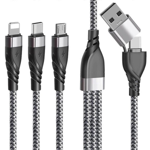 Multi USB Cable, 5 in 1 Multi USB A/C Charger Nylon Braided Data Cable with iP Micro USB Type C Connector
