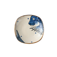 Japanese Retro Hand-Painted Ceramic Soup Plate - 8-Inch Square Blue Fish Head Design, Creative Western Tableware