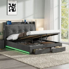 (4ft6 Double, with RGB LED Lighting) Upholstered Bed Frame with Hydraulic and Drawers