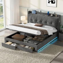 (5ft King, with RGB LED Lighting) Upholstered Bed Frame with Hydraulic and Drawers