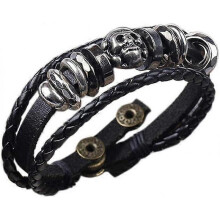 Dark Braided PU Leather Bracelet Triple Band Skull Charm Wrap Bracelet Womens Girls Mens Wristband Bracelets