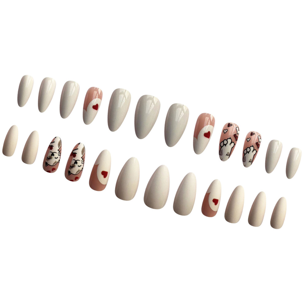 Sweet Heart Stick on Nail Almond Shape False Nail Lovely Cats