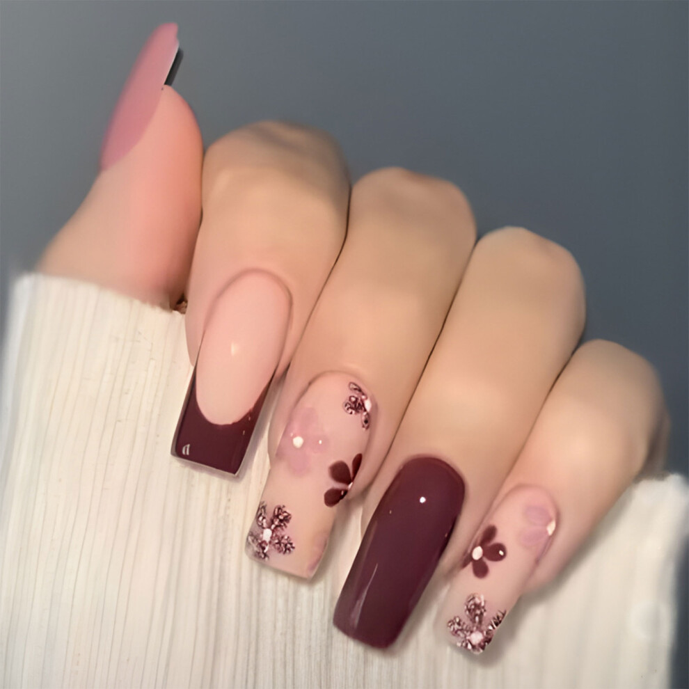24x French Tip False Nail Valentines Day Press On Nail Flower