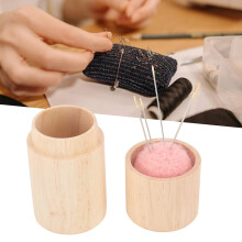 Portable Pink Pin Cushion with Embroidery Needles and Wooden Storage