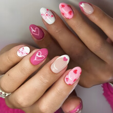 24 Pcs Valentines Day Press On Nail French Stick on Nail Pink