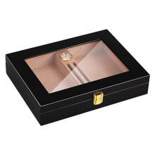 Cigar Humidor Tempered Glass Top Display Digital Hygrometer And Humidifier Holds 10-18 Cigars Temperature Control Black