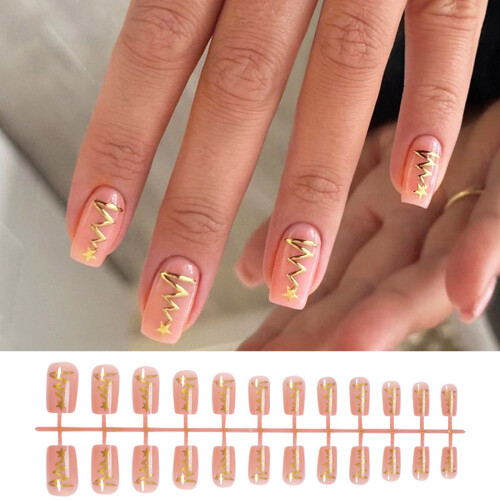 24Pcs Short Square Press on Nail With Christmas Stripes Designs 1