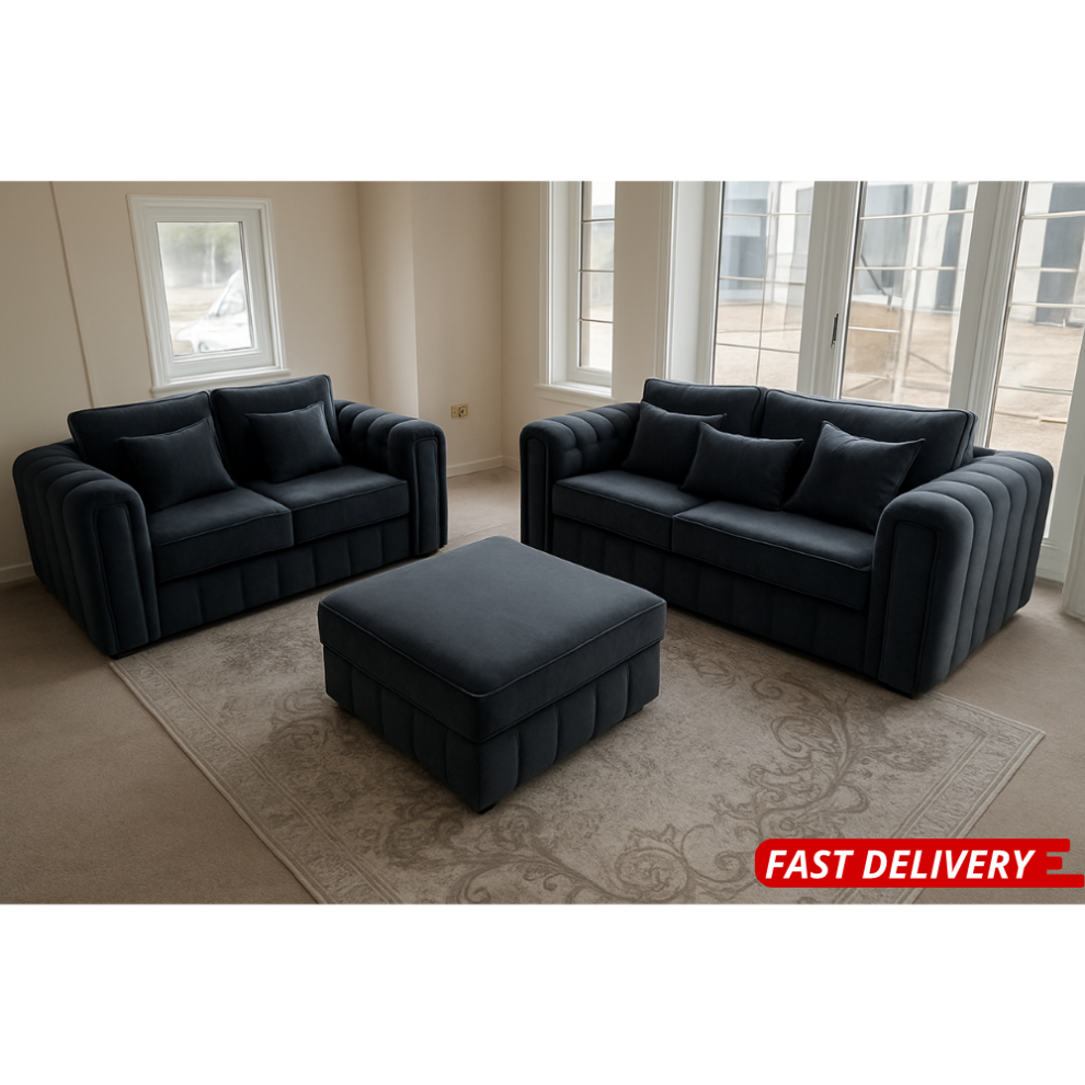 (Blue , Arm Chair) Velvet 2 & 3 Seater Sofa Armchair Footstool 3+2 Sofa Set-image-OPC-PKF2RPQ-NEW