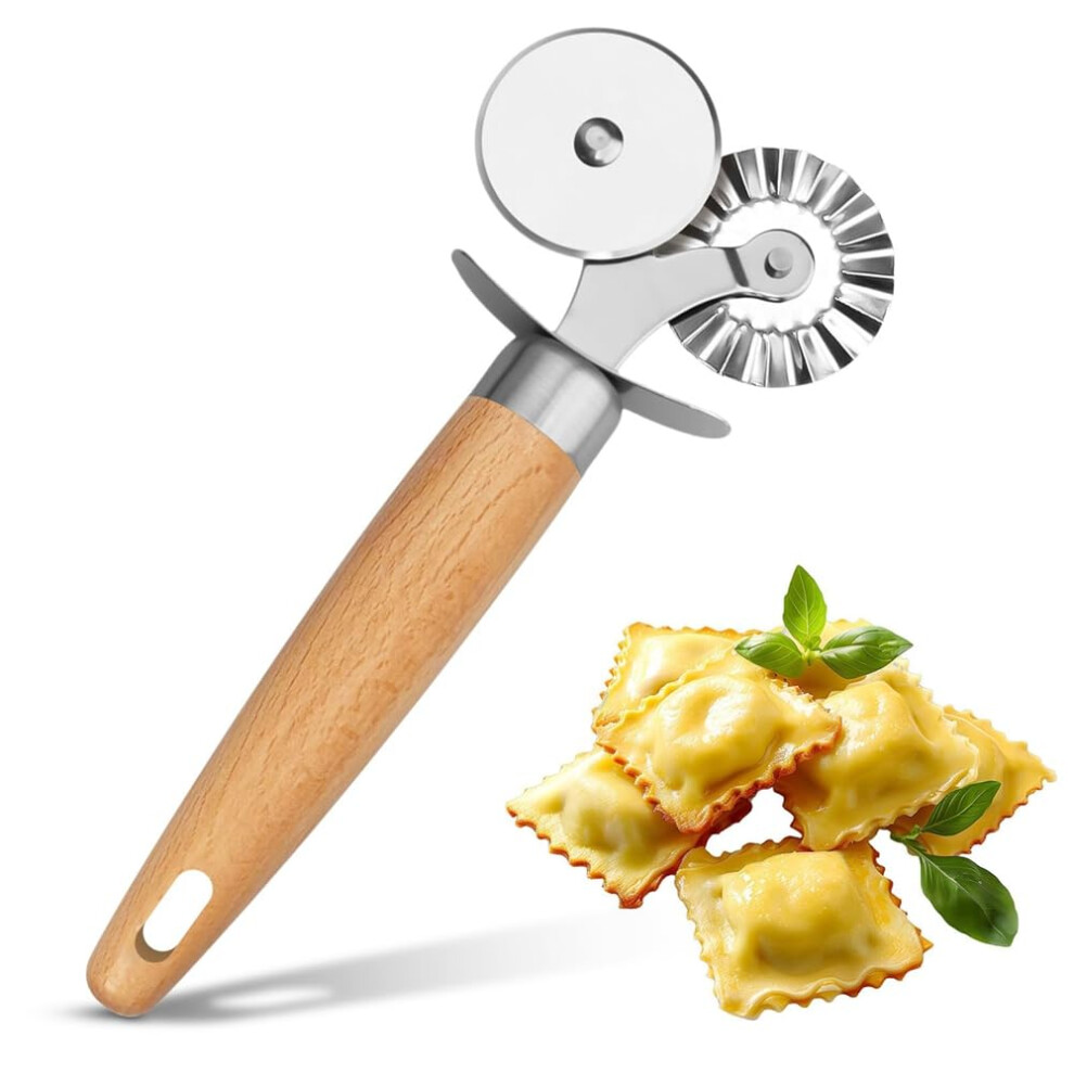 Pasta Cutter Wheel - Double Wheel Fluted Pastry Cutter Tool with Wooden Handle for Ravioli, Pizza, and Cookie Dough-image-OPC-PKF2R5H-NEW