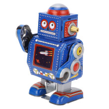 Wind-Up Robot Toy Handcrafted Vintage Blue  for Home or Cafe Decor
