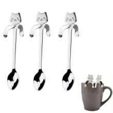 (Silver - 3 Counts, one-size) Cat Design Coffee Spoon, 1/3 Counts Cute Long Handle Coffee Stirring Spoon, Stainless Steel Spoon for Tea Dessert Coffee Milk