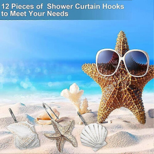 Seashell Shower Curtain Hooks, 12 Pcs Shower Curtain Rings, Rustproof Decorative 2