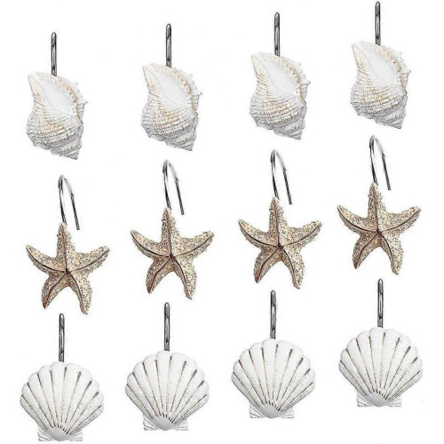 Seashell Shower Curtain Hooks, 12 Pcs Shower Curtain Rings, Rustproof Decorative