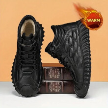 Men Winter Casual Snow Shoes Leather Warm Ankle Boots Plush Lined UK Size 9.5