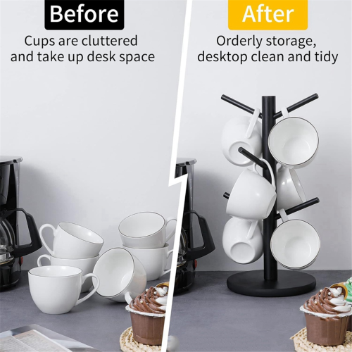 Bamboo Coffee Cup Holder with 6 Hooks, Thickened Base Black Mug Tree 2
