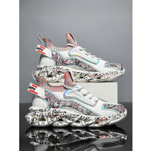 (Multicolor2, EU 47) Men's Letter Print Lace Up Chunky Sneakers, Sporty Comfortable Athletic Shoes, Basketball Shoes, Jogging Shoes, Workout Sneakers,