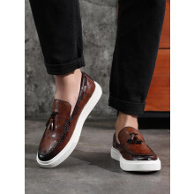 (Brown, EU44) Men's Summer 2024 Fashion Checked Pattern Tassel Design Slip-on Loafers, Casual Comfortable Flat Shoes For Daily Life, Boy's Business PU