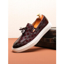 (Burgundy, EU45) Men's Summer 2024 Fashion Checked Pattern Tassel Design Slip-on Loafers, Casual Comfortable Flat Shoes For Daily Life, Boy's Business PU