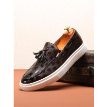 (Coffee Brown, EU45) Men's Summer 2024 Fashion Checked Pattern Tassel Design Slip-on Loafers, Casual Comfortable Flat Shoes For Daily Life, Boy's Business PU