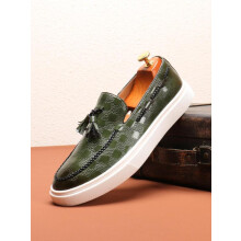 (Green, EU46) Men's Summer 2024 Fashion Checked Pattern Tassel Design Slip-on Loafers, Casual Comfortable Flat Shoes For Daily Life, Boy's Business PU