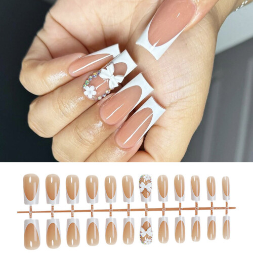 24Pcs Long Square French Flower Bows False Nail Set Press on 1
