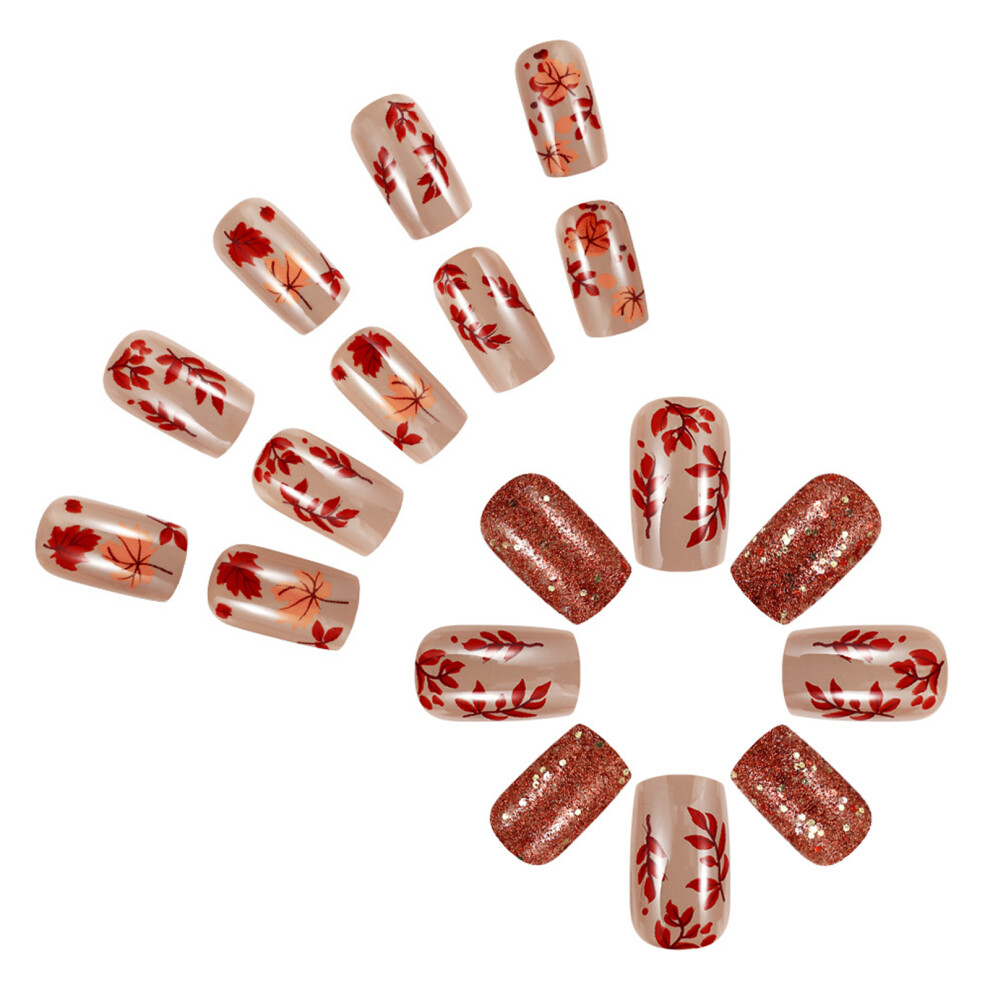 Maple Leaf Themed Press On Nail 24 Pieces Short Square Full