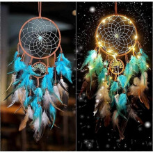 Handmade Dream Catchers, Wall Hanging Decoration, LED Indian Dream Catchers for Bedroom Home Decor, Craft Gift, Teal