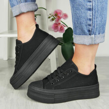 (ALL BLACK NEW, UK 7 / EU 40 / US 9) LoudLook T253 High Quality Women's Platform High Heel Gym Pumps Closed Canvas Training Sneaker, Comfy Summer Trainers , Sport Shoes Runner