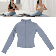 Hoch elastische grau-lakeblaues XXL-Yogajacke mit Stehkragen & Reißverschluss