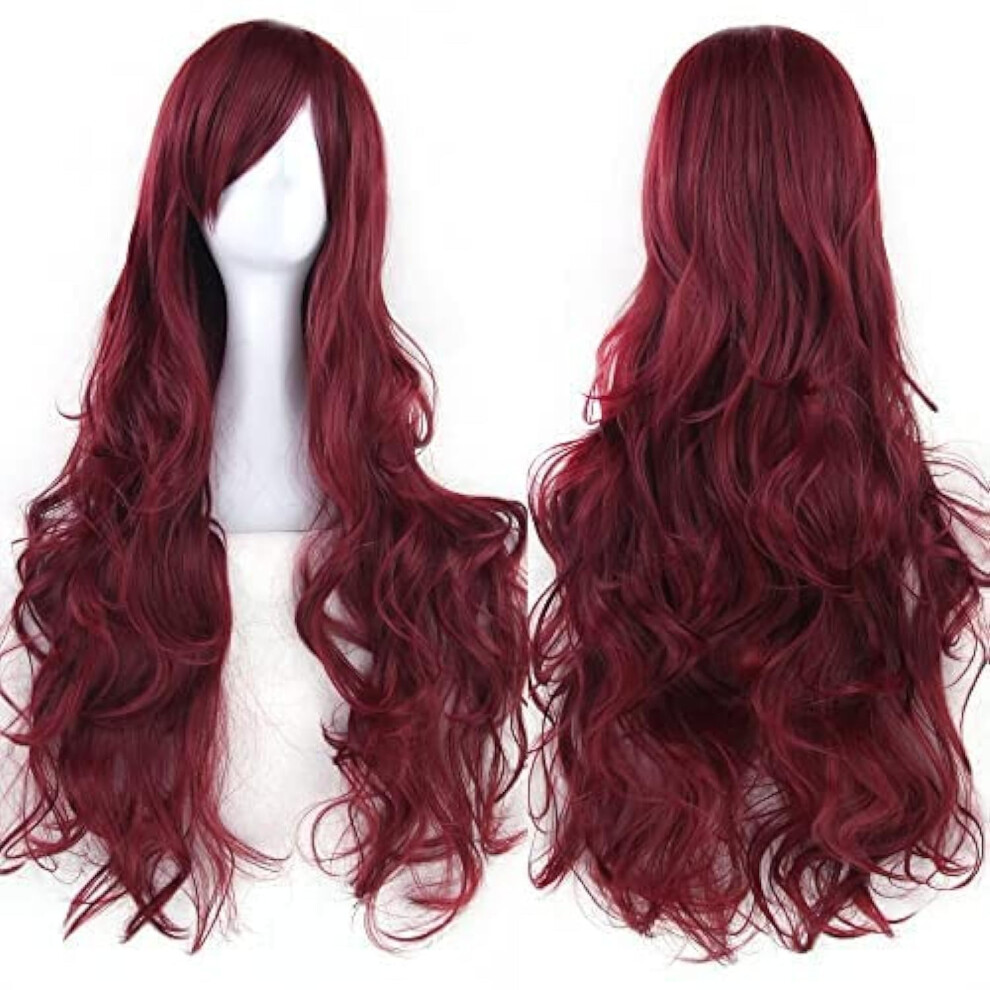 Unisex Red 80Cm Long Curly Burgundy Natural Hair Cosplay Wig With Bangs For Women Halloween Costume Party Use