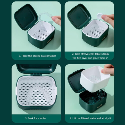 Retainer Cleaning Case Denture Bath Box with Strainer Double Layer Storage Container for Oral Care - White 2