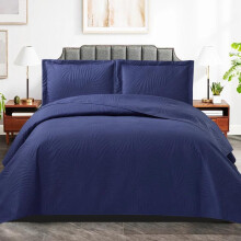 (navy-Leaf Bedspread, Single Bedspread 185 x 240 cm) 3 Piece Quilted Bedspread Bed Throw Single Double King Size Embossed Bedding Set